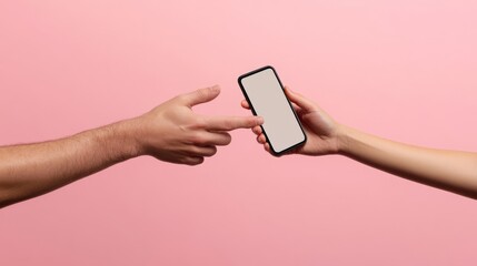 Two hands shaking extending from smartphones on pink background. Concept of virtual agreement or business deal -