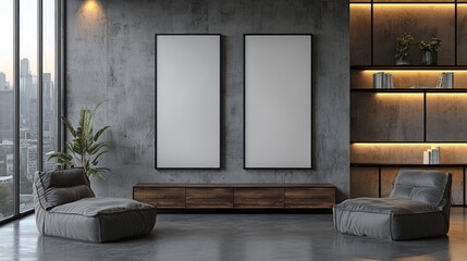 Fototapeta premium Two blank posters mockups in a modern living room with grey concrete walls, wooden shelves, and two comfy armchairs.