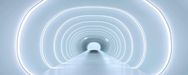 Naklejka premium Futuristic tunnel with glowing lights and smooth surfaces, minimalistic design.