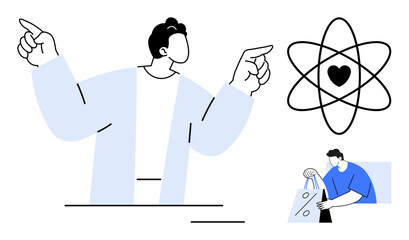 Person pointing upwards, atom with heart symbolizing love for science, individual placing objects in bag. Ideal for education, science, balance, work-life integration, passion, shopping metaphors