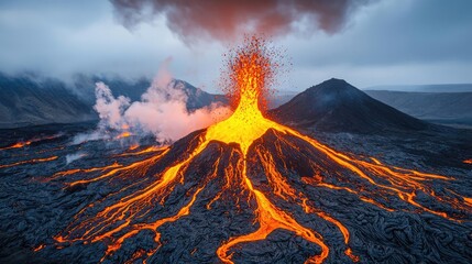 Majestic volcano erupting with flowing lava and clouds of smoke, dramatic landscape.