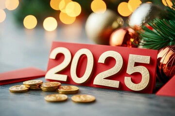A red sign with the number 2025 on it is surrounded by gold coins