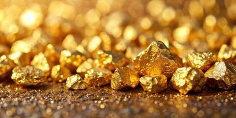 Golden background with a close-up of gold ore nuggets and crystals , gold, background, ore, nugget, close-up, crystals, shiny