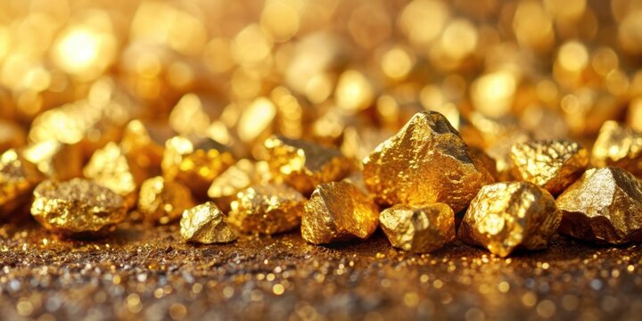 Golden background with a close-up of gold ore nuggets and crystals , gold, background, ore, nugget, close-up, crystals, shiny