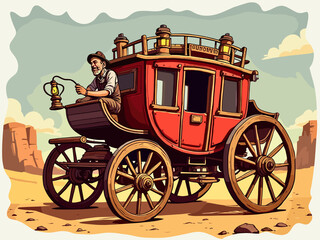 Fototapeta premium A man drives a vintage stagecoach across a vast desert landscape during a bright afternoon under a clear sky 