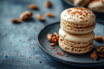 Stack of two white macarons with cocoa powder on top on a blue plate with walnuts and almonds scattered around.