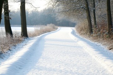 Obraz premium A snow covered road with trees in the background