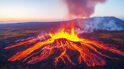 Fototapeta premium Majestic volcano erupting with lava against a sunset backdrop, showcasing nature's power.
