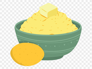 Thanksgiving mashed potatoes with  pat of melted butter on top, alongside whole potatoes next to bowl, in a minimalist style and transparent background. Perfect for Thanksgiving designs and holiday