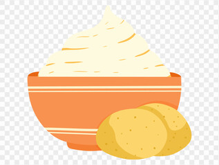 Thanksgiving mashed potatoes with  pat of melted butter on top, alongside whole potatoes next to bowl, in a minimalist style and transparent background. Perfect for Thanksgiving designs and holiday