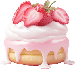Delicious strawberry frosted donut with creamy filling and fresh fruit topping on a simple white background