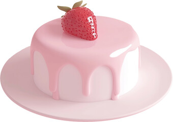 A delicious pink cake topped with fresh strawberries and dripping icing