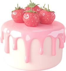 A delicious pink cake topped with fresh strawberries and dripping icing