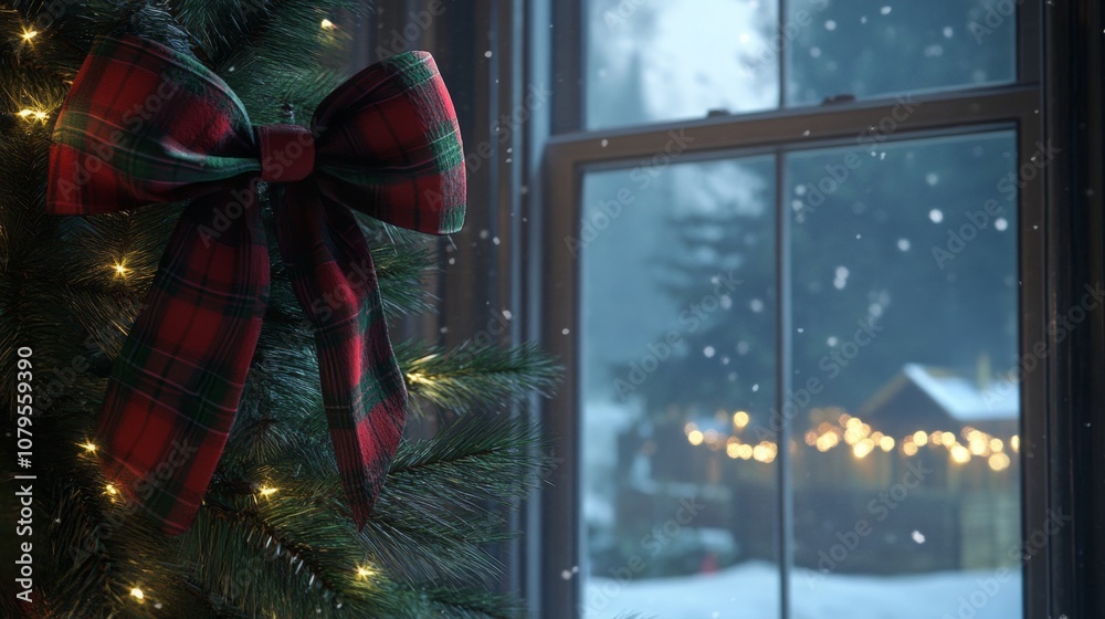 Poster a vibrant christmas tree adorned with lights and a large red plaid bow stands near a window. outside