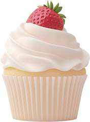 A charming cupcake with cream frosting and a fresh strawberry topping