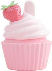 A charming cupcake with cream frosting and a fresh strawberry topping