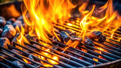 Close-up of burning coals in a grill, with flames and smoke rising, BBQ, grilling, cooking, heat, fire, hot, charcoal, flames