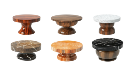 Set of different styles of retro vantage wood and modern steel marble coffee tables on white transparent background
