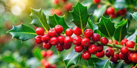 Fototapeta premium Juicy green Ilex vomitoria with bright red berries, ilex vomitoria, green, red berries, nature, plants, holly plant