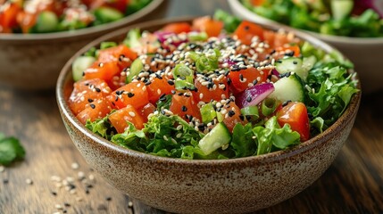 Vibrant Asian-style salads in colorful bowls, drizzled with sesame dressing, showcasing fresh ingredients and enticing textures.