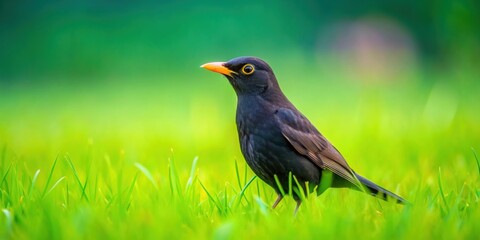 Blackbird perched on vibrant green grass in a lush field , blackbird, grass, bird, wildlife, nature, outdoors
