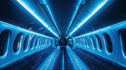Explore the modern travel experience inside a sleek airplane aisle enhanced by linear led lighting at the airport