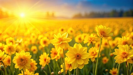 Fototapeta premium Beautiful field of bright yellow flowers, field, yellow, flowers, nature, bloom, sunny, meadow, landscape, garden, blossoms