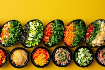 A Row of Colorful Salad Bowls on a Yellow Background