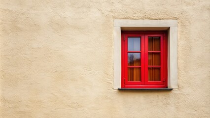 Fototapeta premium Red window on a light wall of a house , window, red, light, wall, house, architecture, exterior, front, empty, building