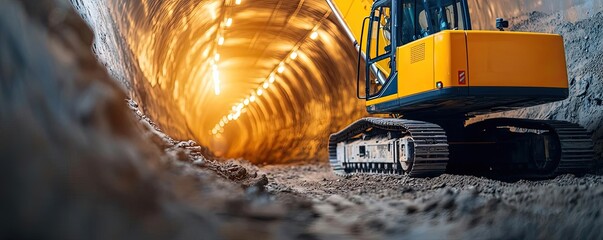Excavator working in a tunnel with illuminated walls.