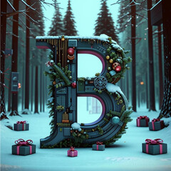 letter B in the winter forest with christmas gifts 3d illustration