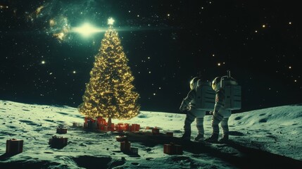 Two astronauts stand beside a glowing Christmas tree adorned with lights and gifts on the moon's surface.