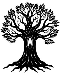 a silhouette of an ancient tree with a hollowed 