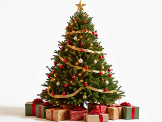 Wide-Angle Shot of Decorated Christmas Tree in Cozy Living Room with Red, Gold, and Green Ornaments and Wrapped Gifts Underneath, Emphasizing Warm Holiday Atmosphere and Festive Season Decor
