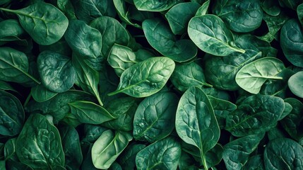 Close-up Texture of Fresh Green Spinach Leaves, Organic Produce Background