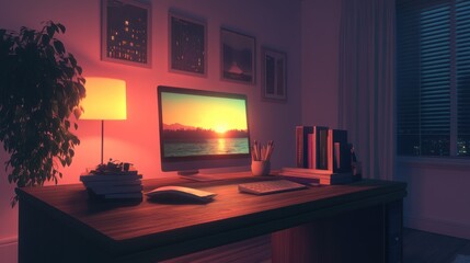 A cozy workspace featuring a computer, books, and a warm lamp in a dimly lit room.