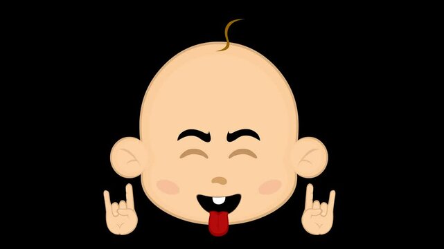 video animation emoticon face character baby cartoon, making the classic heavy metal gesture with hands and sticking out tongue, on a transparent background with alpha channel set to zero
