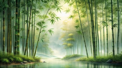 Tranquil Chinese painting of a bamboo forest, serene, oriental, traditional, art, green, peaceful, nature, tranquil