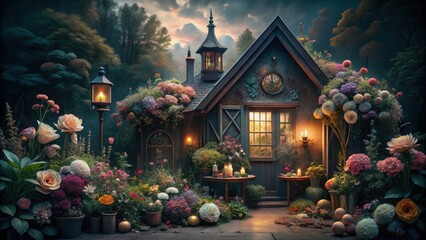 Dark dreamy cottage surrounded by pastel flowers and antique decor