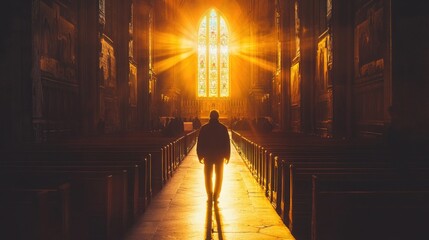 Fototapeta premium A lone figure walks down a church aisle toward the light of a stained-glass window.