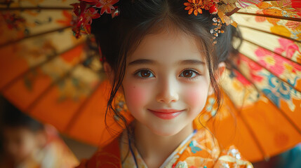 young girl wearing colorful kimono under vibrant umbrella, smiling joyfully