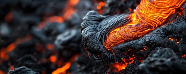 Molten lava flow over rocky terrain, capturing nature's raw power and beauty.