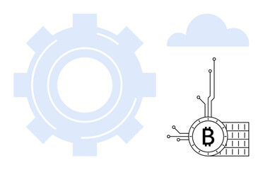 Mechanical gear, cloud icon, and Bitcoin symbol connected to a digital circuit. Ideal for technology, cryptocurrency, blockchain, fintech, and future finance themes. Simplistic vector style