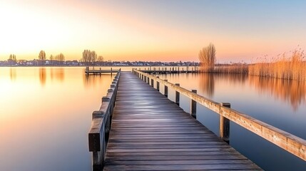 Fototapeta premium A serene wooden pier extends into a calm lake at sunset, reflecting vibrant colors.