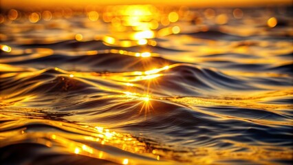 Golden water waves with sparkling light reflection, macro photography of sunlit sea surface, ocean, waves, water, golden
