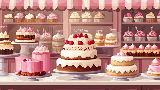 A Colorful Display of Cakes and Cupcakes in a Bakery Shop