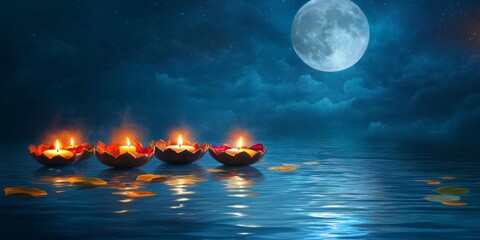 Fototapeta premium Reflection of krathongs and candlelight on the water under a full moon,space for text