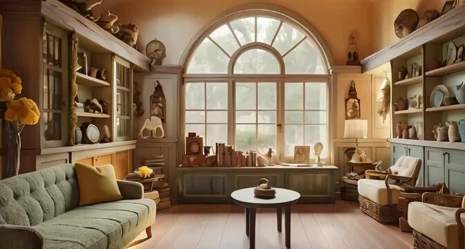 a whimsical, fairy-tale cozy museum abode, where rustic shelves and vintage decorative items blend with modern touches, inviting warmth and coziness		