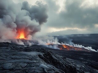 Dramatic scene of a volcano erupting with lava spewing from the crater, thick ash clouds, showcasing nature's raw power