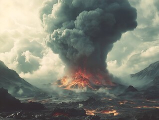 Dramatic scene of a volcano erupting with lava spewing from the crater, thick ash clouds, showcasing nature's raw power
